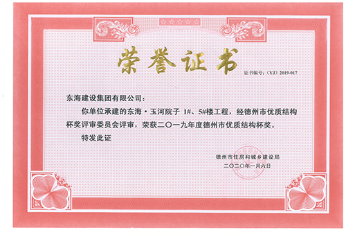 東海·玉河院子1#、5#樓工程榮獲2019年度德州市優(yōu)質(zhì)結(jié)構(gòu)杯獎(jiǎng)